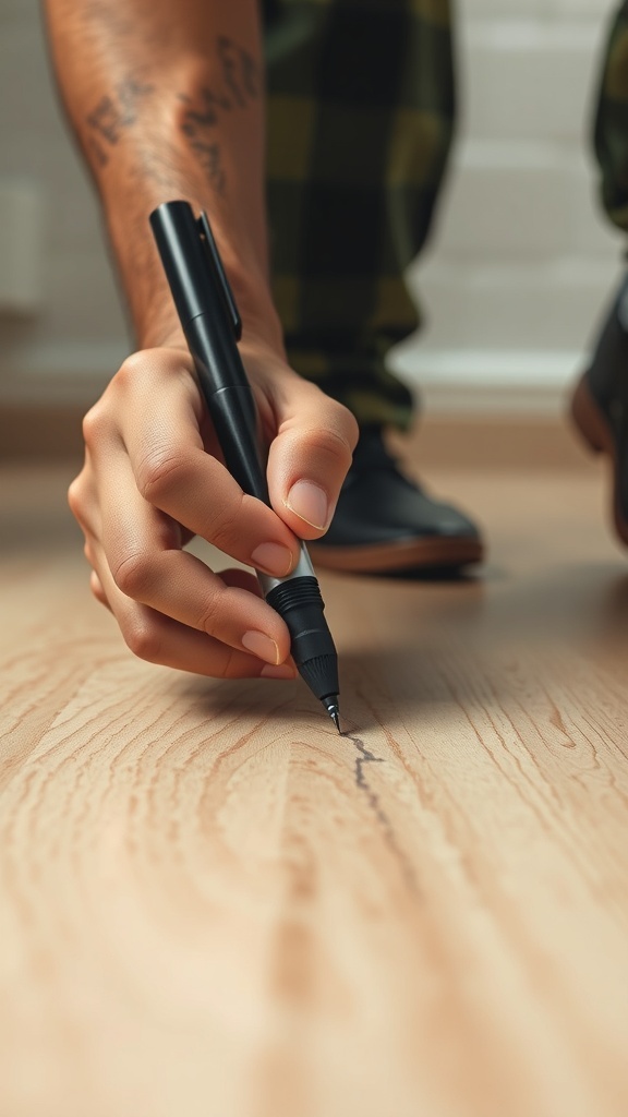 A person using a black pen to cover a scratch on a light wood floor.