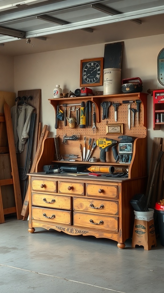 A wooden workbench with tools and storage in a garage