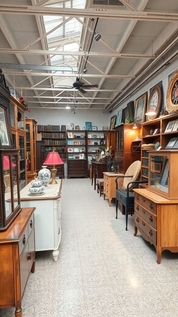 Interior of a vintage shop showcasing repurposed furniture displays