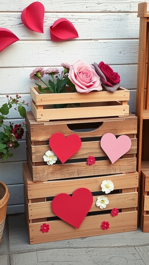 Decorated wooden crates with flowers and heart shapes for Valentine's Day