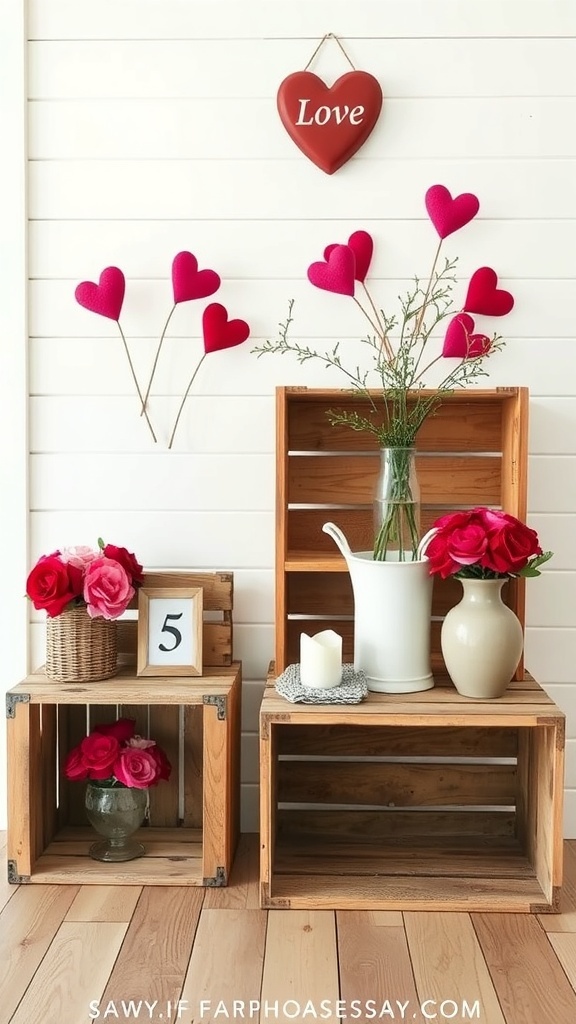 A display of repurposed wooden crates with flowers and heart decorations for Valentine's Day decor.
