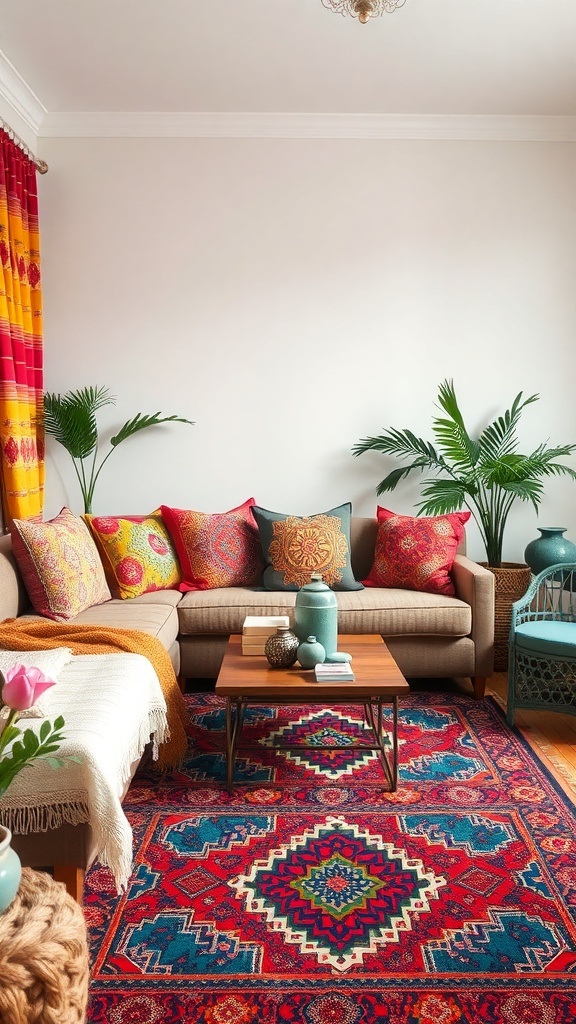 A cozy living room decorated for Ramadan with colorful cushions, a patterned rug, and plants.