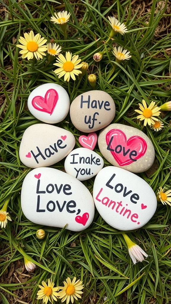 Painted rocks with love messages and hearts in grass with flowers