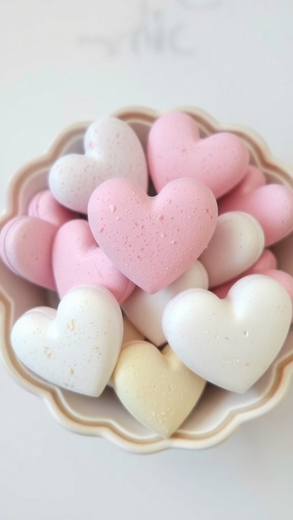 A bowl filled with heart-shaped bath bombs in pink, white, and yellow colors.