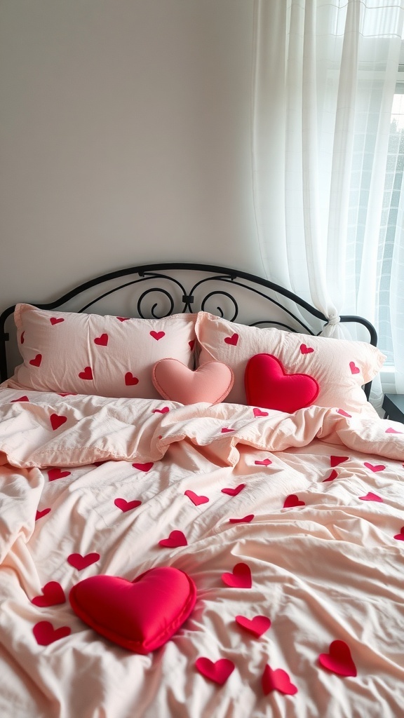 A cozy bed with blush pink bedding featuring red hearts and heart-shaped pillows.