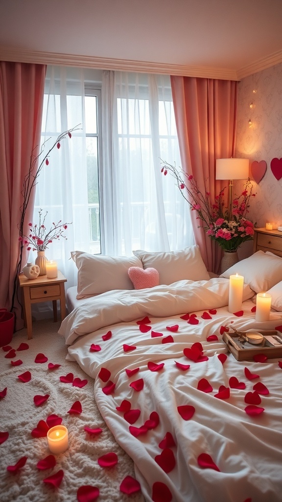 A romantic bedroom decorated for Valentine's Day with rose petals, candles, and soft pillows.