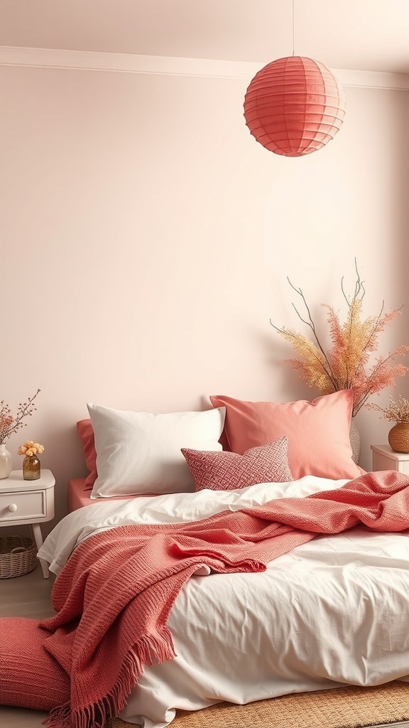 A cozy bedroom with blush tones, fluffy pillows, and a hanging lantern.