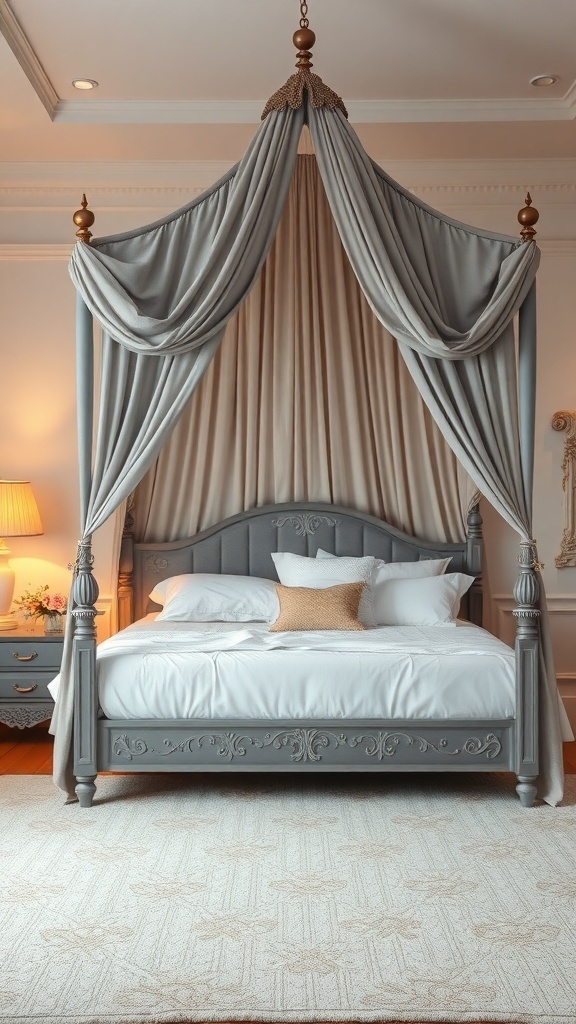 A romantic grey canopy bed frame with soft drapes and warm lighting.