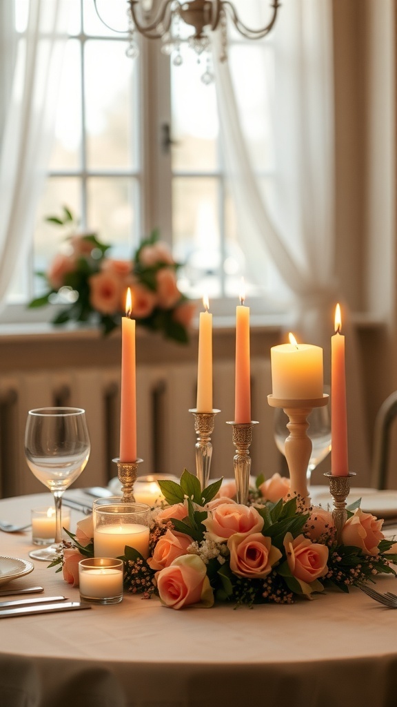 A romantic table setting with candles and roses