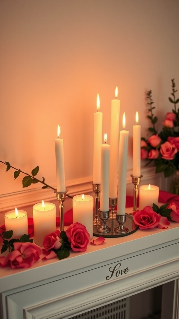 A romantic candle arrangement on a mantle with white candles and pink roses.