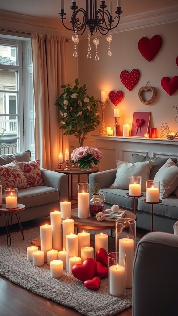 A cozy living room decorated with various candles and heart-shaped accents for Valentine's Day.