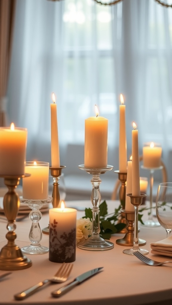 A beautifully arranged table with various candles in elegant holders, creating a romantic atmosphere.