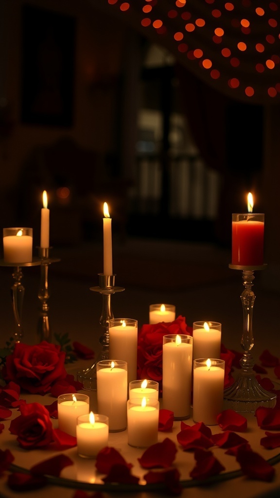 A romantic candle arrangement with white and red candles surrounded by red roses and rose petals.