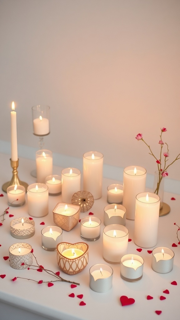 A romantic arrangement of various candles with rose petals for Valentine's Day decor.