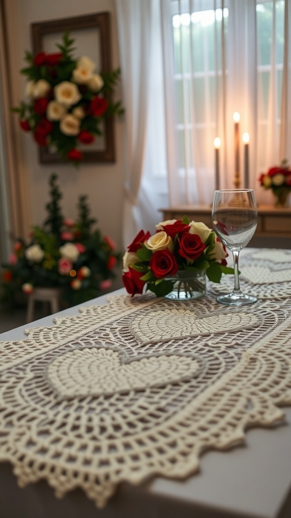 A romantic crochet table runner with heart patterns, complemented by red roses and elegant glassware.