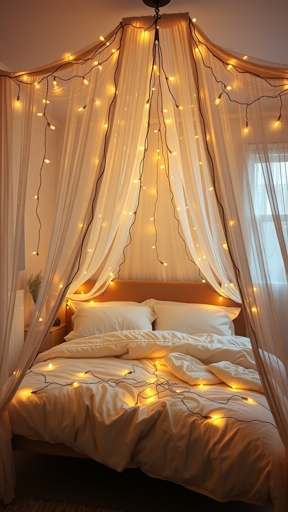 A cozy bedroom with a fairy light canopy, featuring soft lights draped over sheer fabric above a neatly made bed.
