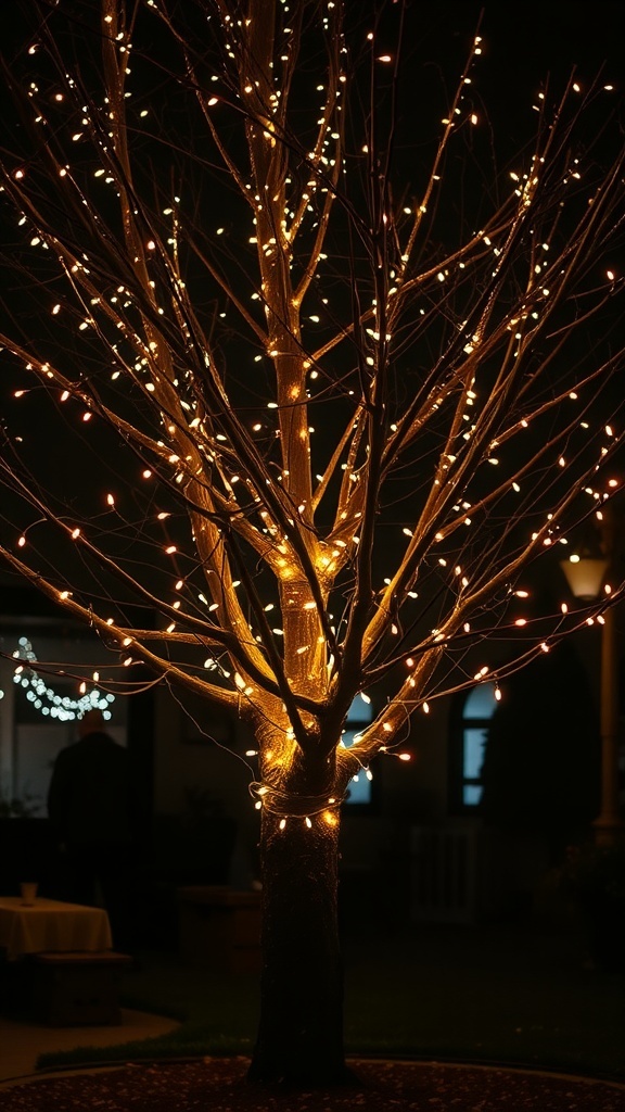 A tree wrapped in warm fairy lights at night, creating a romantic atmosphere.