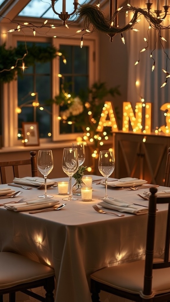 A romantic table setting with fairy lights, candles, and elegant glassware.