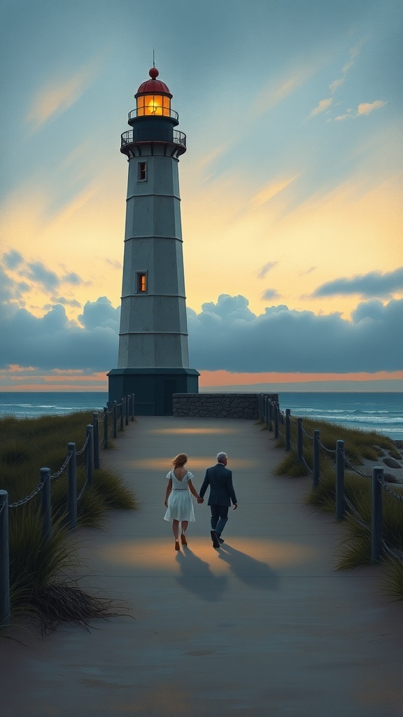 A couple walking hand in hand towards a lighthouse at dusk, with a glowing light and a colorful sky.