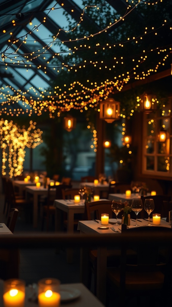 A beautifully lit restaurant with string lights and candles creating a romantic atmosphere.