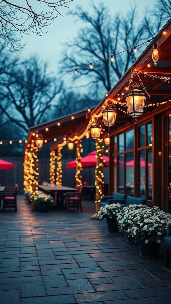 A cozy outdoor patio with string lights, lanterns, red umbrellas, and white flowers, creating a romantic atmosphere.