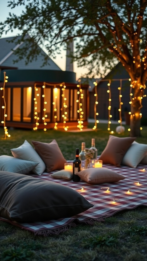 A romantic outdoor setup with a blanket, pillows, candles, and string lights in a backyard.