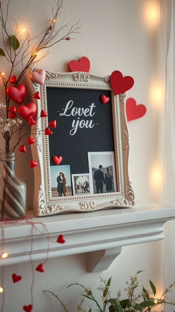 A romantic photo frame decorated with hearts and fairy lights, displaying the message 'Lovet you' and showcasing couple photos.