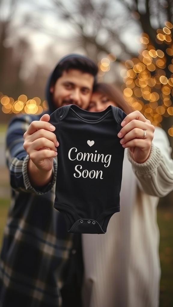 A couple holding a black onesie that says 'Coming Soon' in a romantic outdoor setting with twinkling lights.