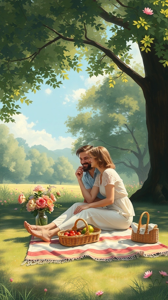 A romantic picnic scene with a couple sitting on a blanket in a sunny park, surrounded by flowers and a basket of fruits.