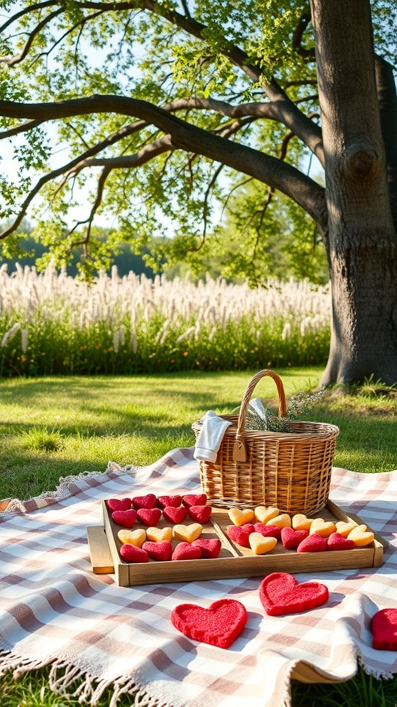 A romantic picnic setup with a checkered blanket, heart-shaped snacks on a wooden tray, and a picnic basket under a tree.