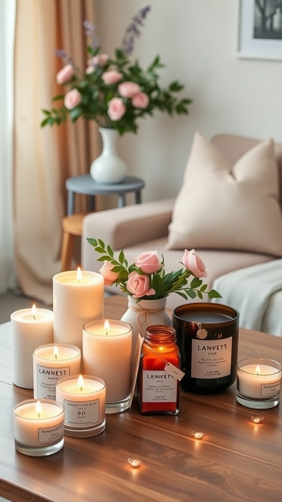 A cozy arrangement of romantic scented candles on a wooden table, accompanied by a bouquet of pink roses.