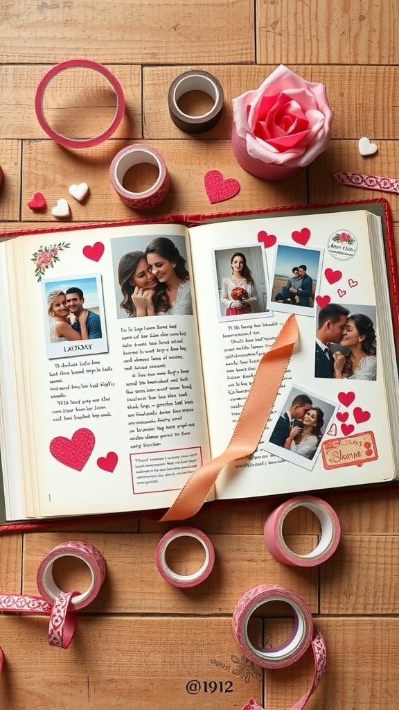 A romantic scrapbook with photos, hearts, and decorative tape on a wooden surface.