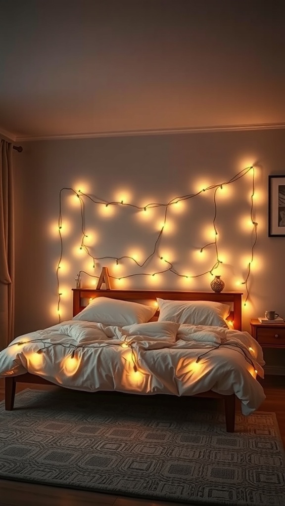 A cozy bedroom with warm string lights draped around the bed, creating a romantic atmosphere.