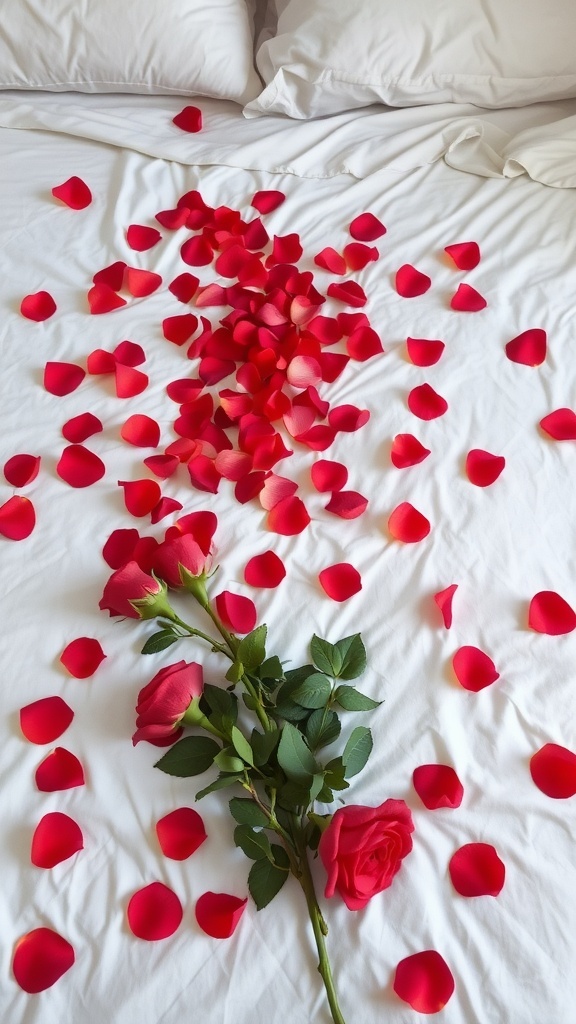 A bed with scattered red rose petals and a few whole roses on white sheets.