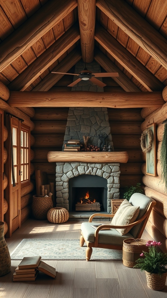 Cozy reading nook in a rustic cabin with wooden beams and a stone fireplace.