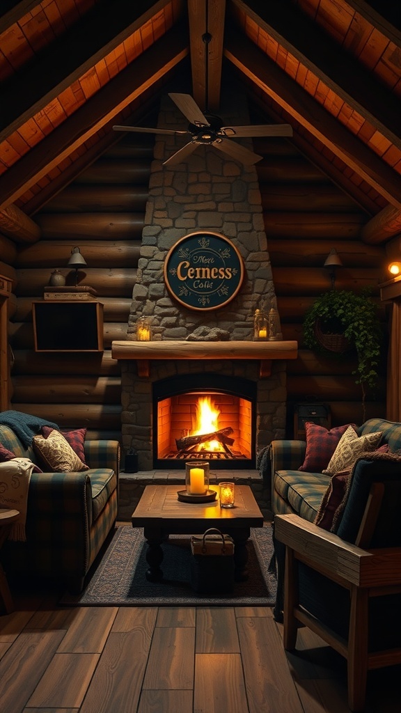 Cozy rustic cabin interior with a fireplace, comfortable seating, and warm lighting.