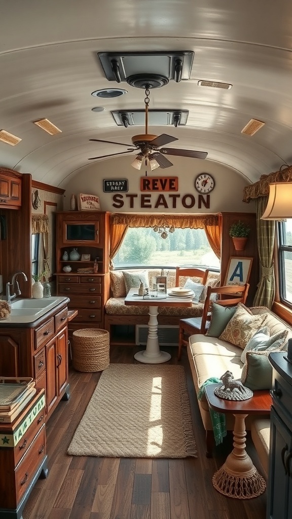 Cozy RV interior with rustic wooden accents and vintage decor.