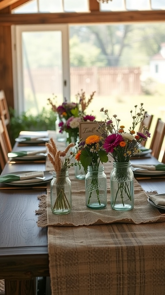 A rustic farmhouse table set with mason jars of flowers, burlap runner, and simple place settings.
