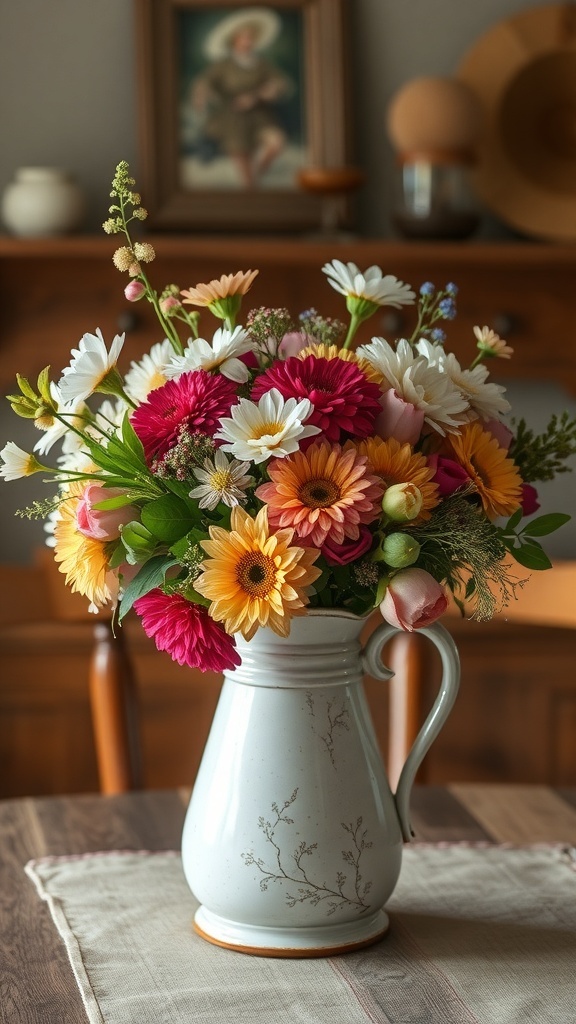 A rustic floral arrangement in a pitcher with colorful flowers on a wooden table.