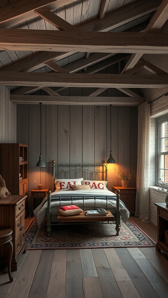 A rustic grey bedroom featuring wooden beams, a cozy bed, and warm lighting.