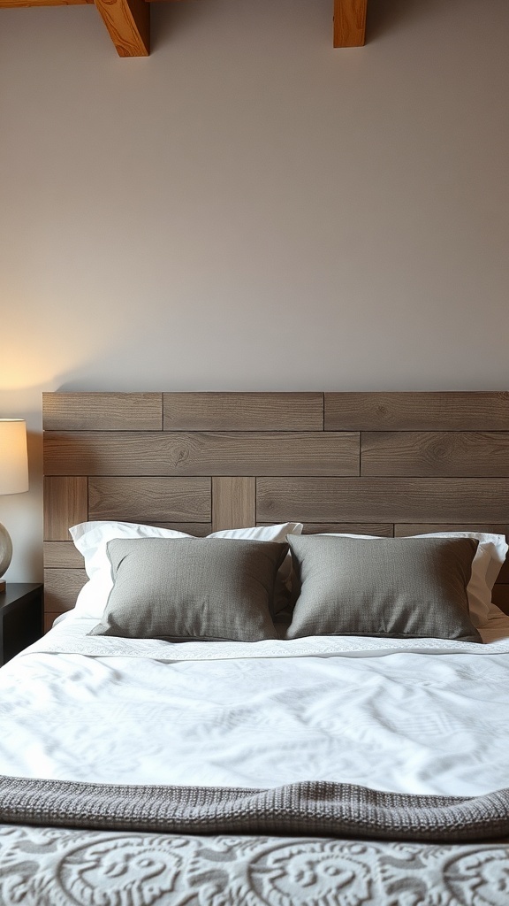 A cozy bedroom featuring a rustic grey headboard with soft bedding and a bedside lamp.