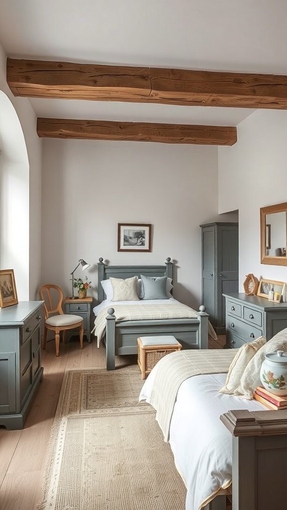 A rustic grey bedroom featuring wooden beams, grey furniture, and light wood flooring.