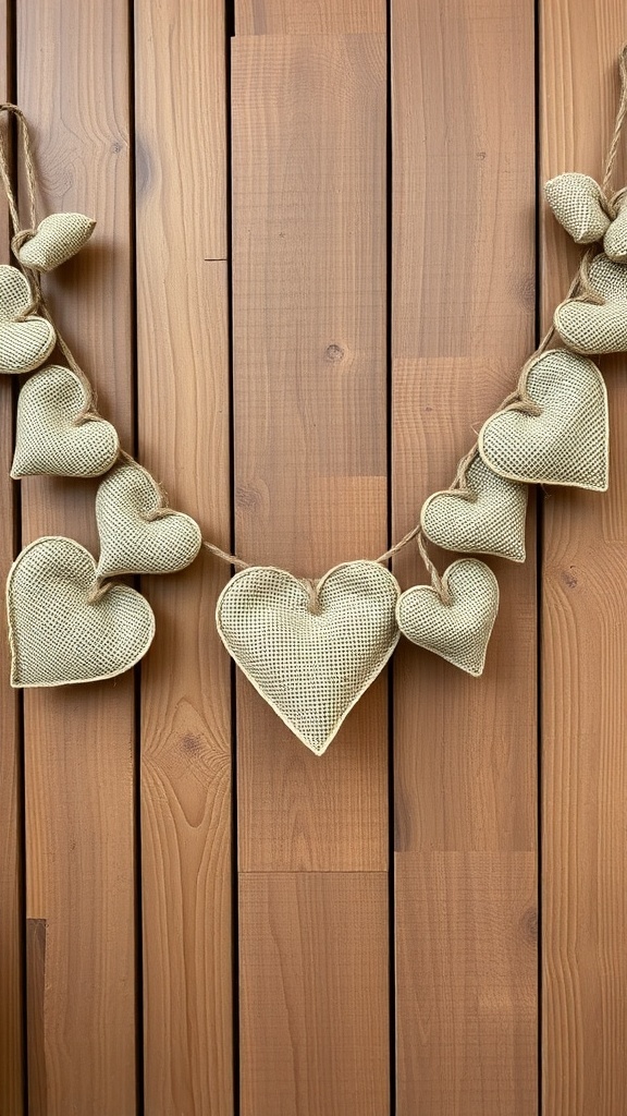 A rustic heart garland made of natural materials hanging against a wooden background.