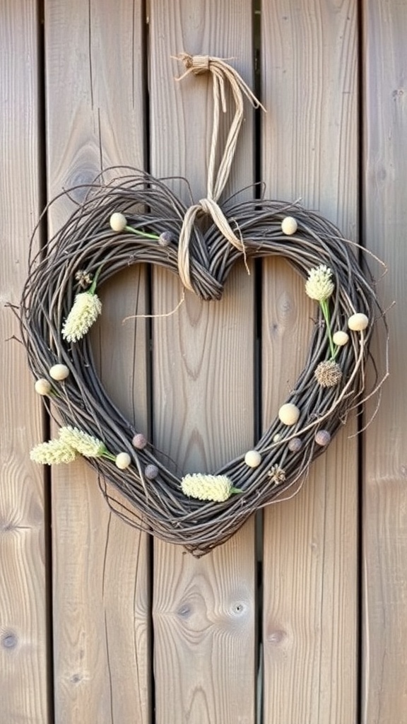 A rustic heart wreath made from twigs and decorated with dried flowers and wooden beads, hanging on a wooden wall.
