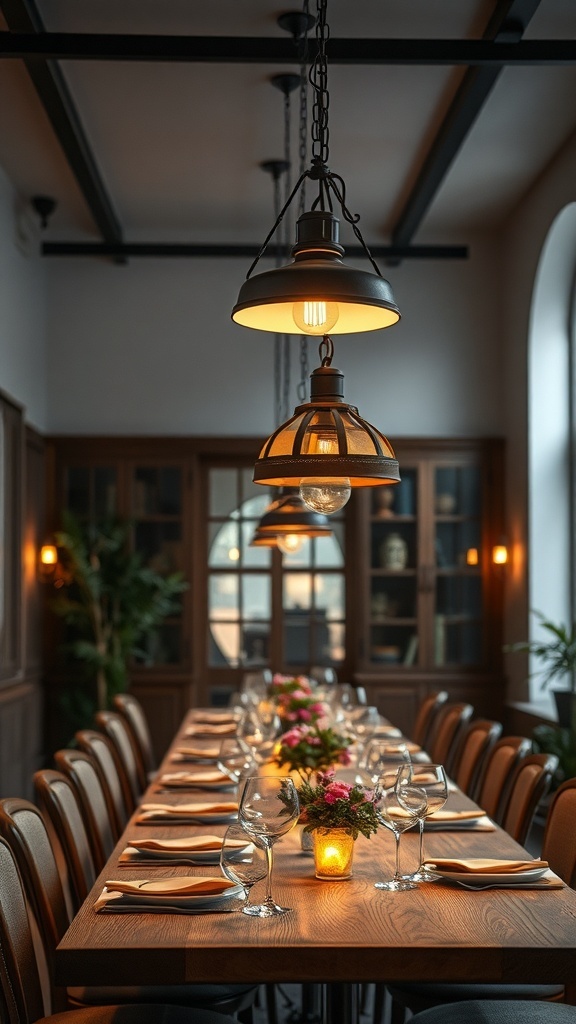 A rustic dining area with pendant lighting and a long wooden table set for dinner.