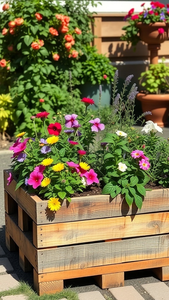 A rustic wooden pallet planter filled with colorful flowers like petunias and daisies.