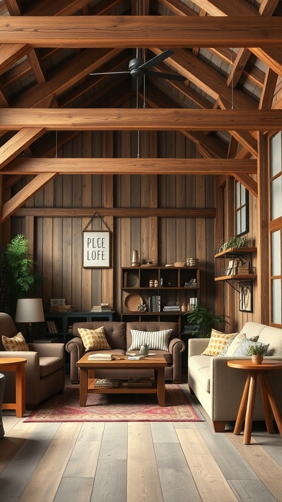 A cozy living room with reclaimed wood accents, featuring wooden beams, rustic furniture, and warm lighting.