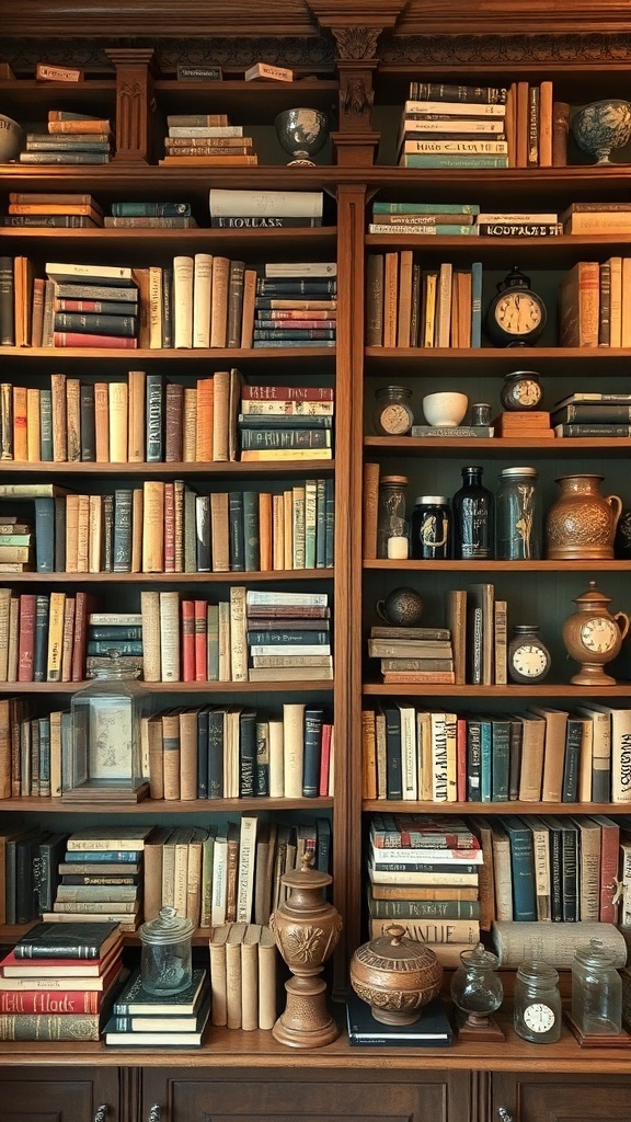 Rustic wooden shelves filled with vintage books and decorative items.