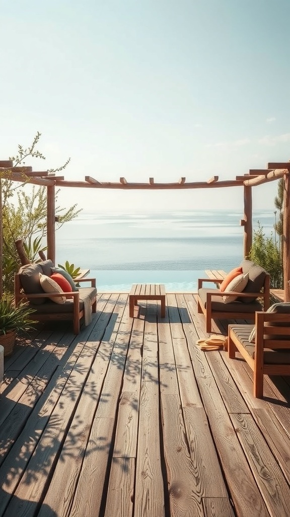 A rustic wooden deck with cozy seating overlooking a serene pool and water view.