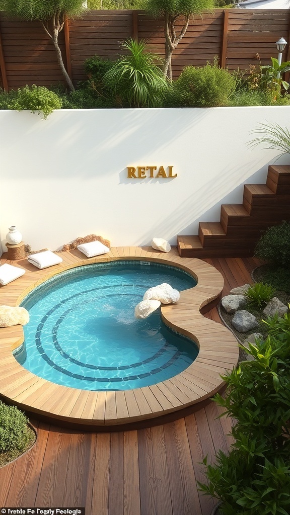 A cozy backyard pool area with rustic wooden decking, surrounded by greenery and plush cushions.